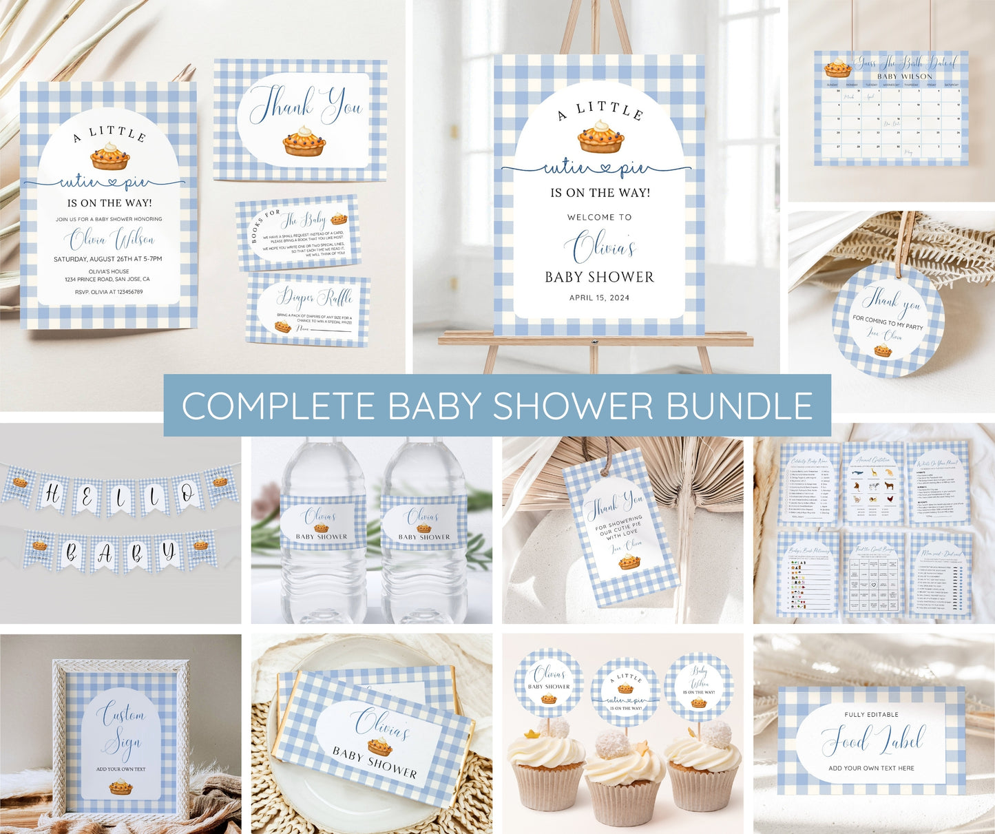 Cutie Pie Baby Shower Bundle Boy, Fall Baby Shower Invitation Blue Gingham, Autumn Baby Sprinkle Games, Editable Canva Template