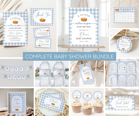 Cutie Pie Baby Shower Bundle Boy, Fall Baby Shower Invitation Blue Gingham, Autumn Baby Sprinkle Games, Editable Canva Template