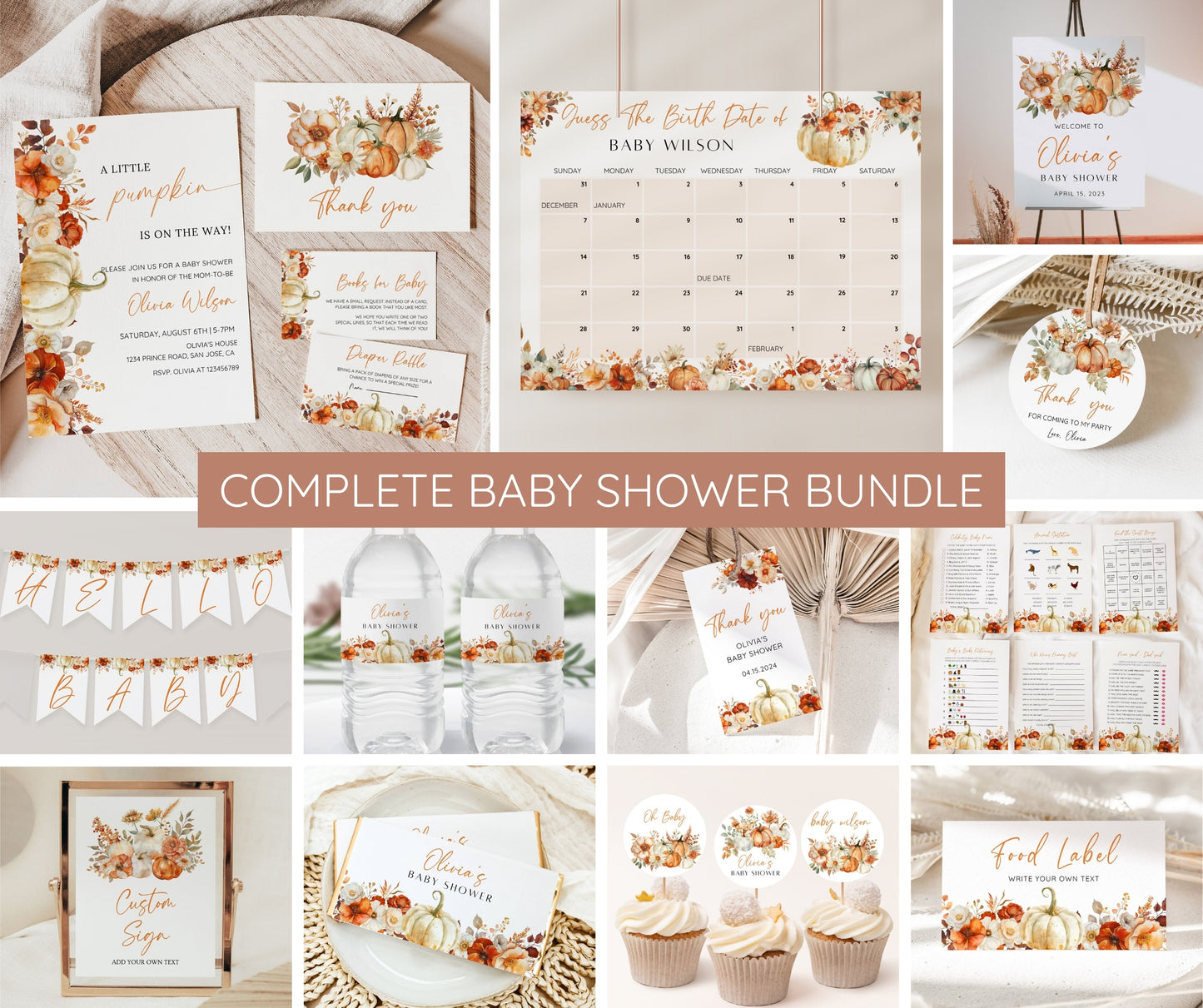Little Pumpkin Baby Shower Bundle, Fall Baby Shower Invitation & Game Bundle, Floral Pumpkin, Autumn Baby Sprinkle, Editable Canva Template