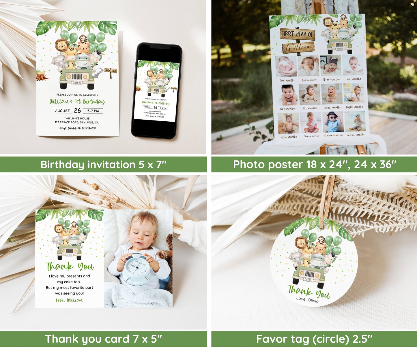 Safari 1st Birthday Bundle, Safari Wild One Birthday Bundle, Safari Animal Invitation Bundle, Editable, Boy, Balloon Decor Welcome Milestone