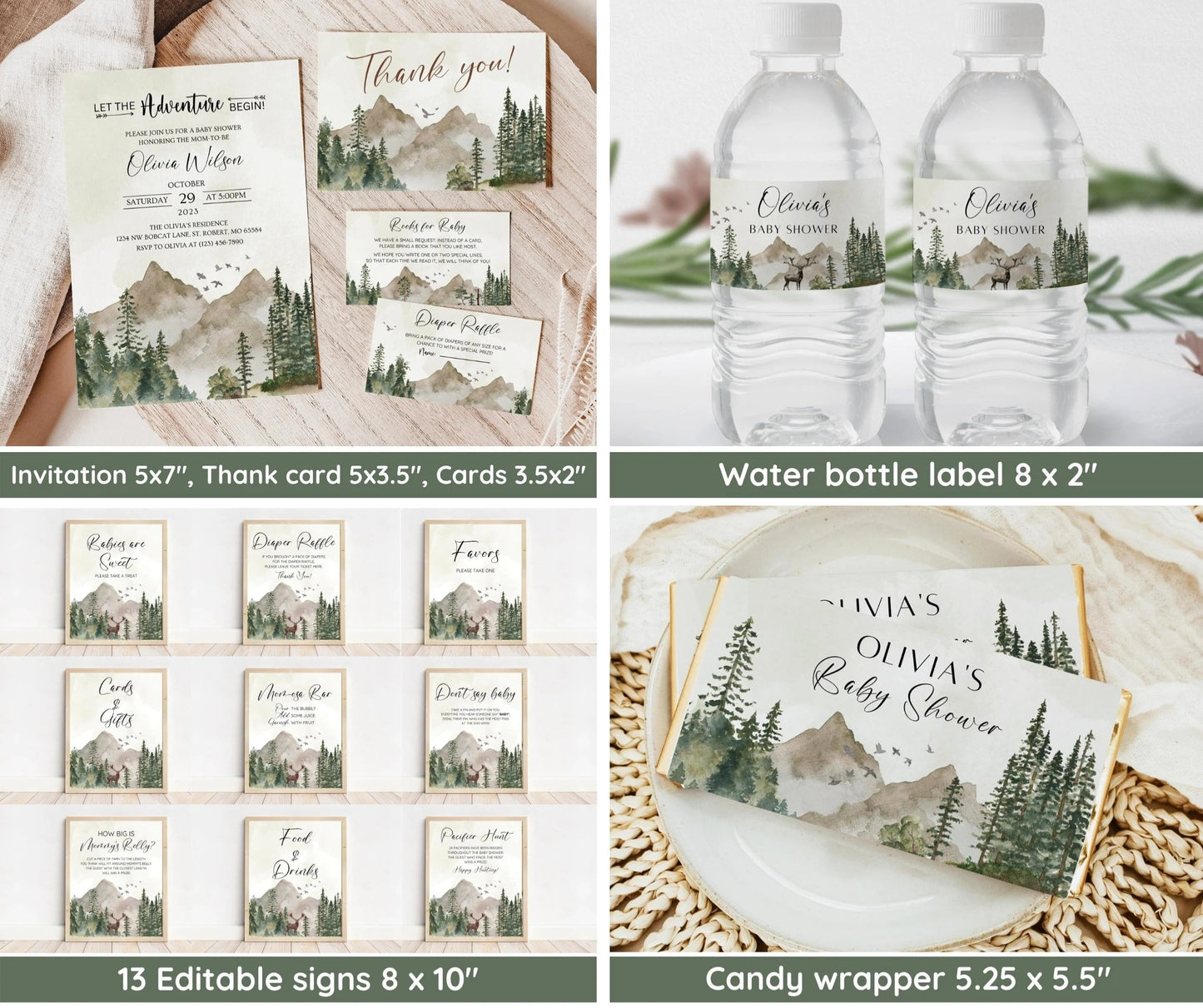 Let the Adventure Begin Baby Shower Invitation Bundle, Woodland Baby Shower Invite Pack, Forest Mountain Tree Gender Neutral Decor Printable