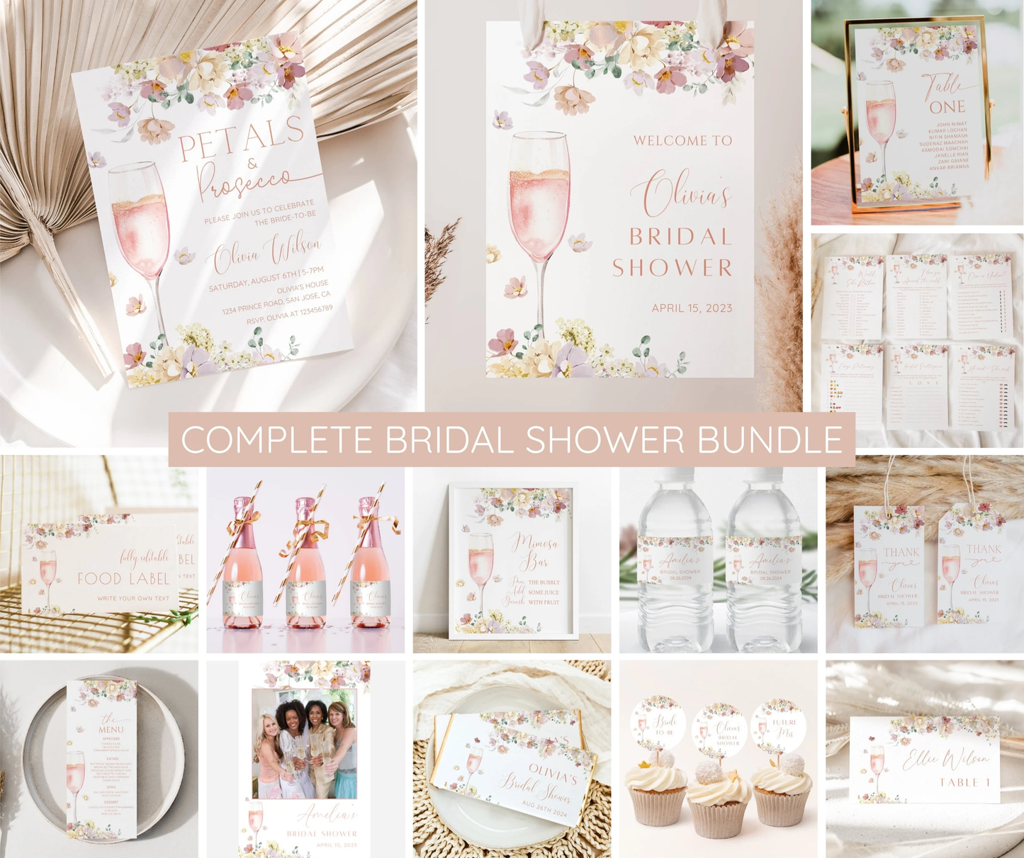 Petals and Prosecco Bridal Shower Invitation Bundle | Editable Pink Floral Bridal Shower Template | Welcome Sign, Game Pack | Instant Download