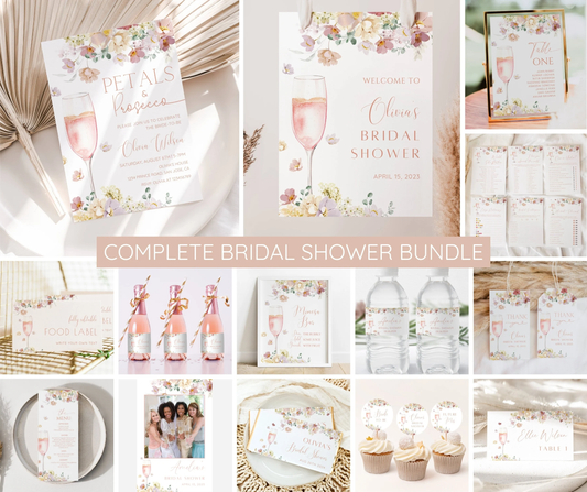 Petals and Prosecco Bridal Shower Invitation Bundle | Editable Pink Floral Bridal Shower Template | Welcome Sign, Game Pack | Instant Download