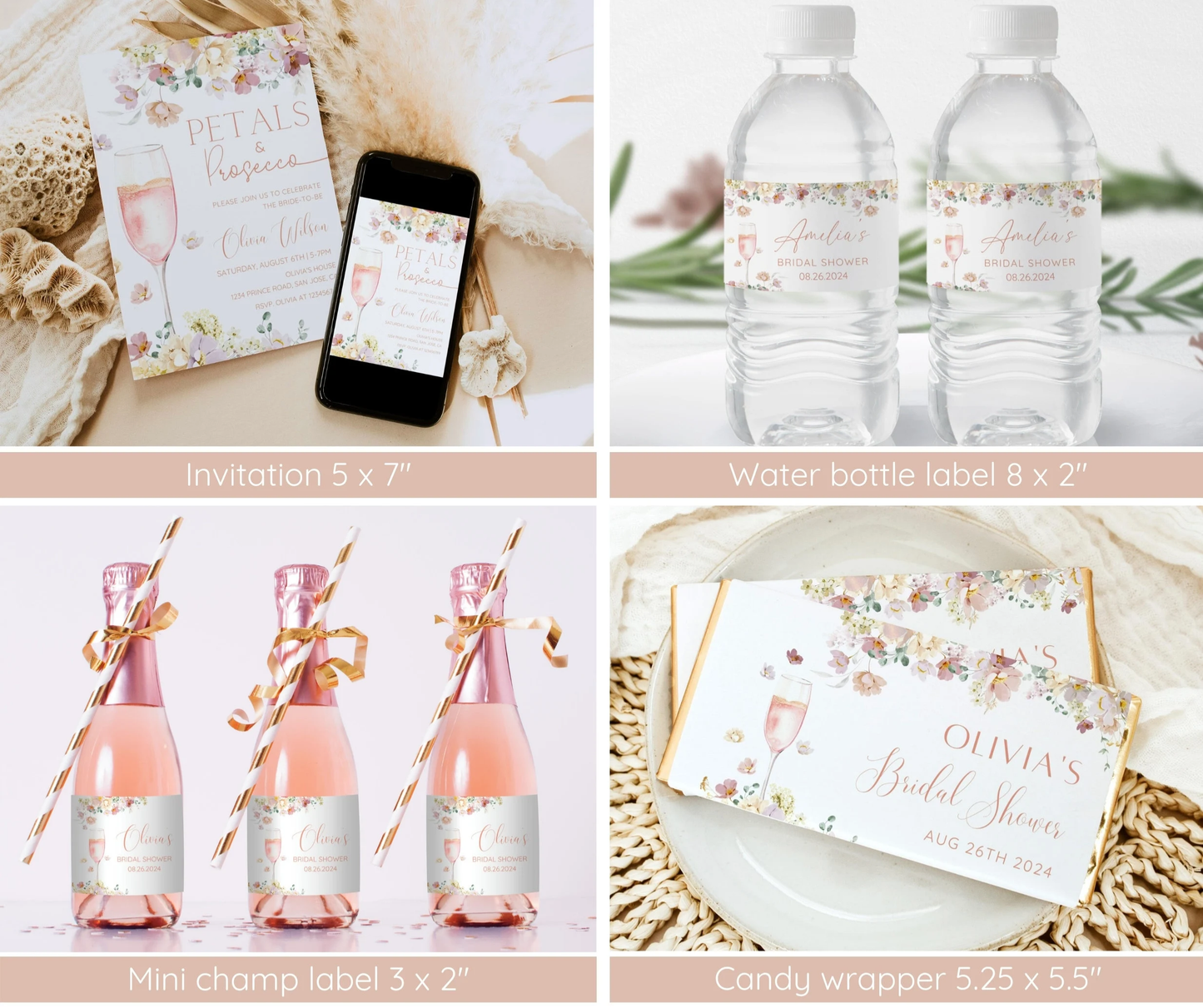 Petals and Prosecco Bridal Shower Invitation Bundle | Editable Pink Floral Bridal Shower Template | Welcome Sign, Game Pack | Instant Download