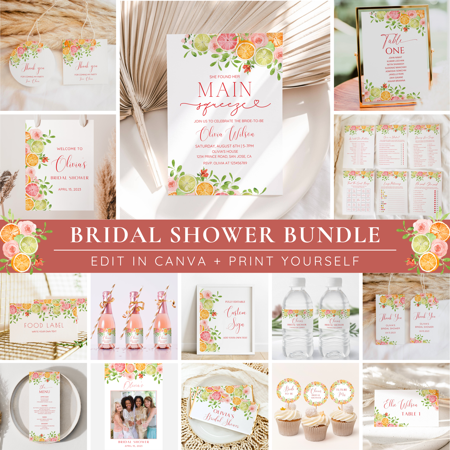 Citrus Bridal Shower Invitation Bundle | She Found Her Main Squeeze | Orange Floral Summer Bridal Brunch Template | Editable Canva Instant Download